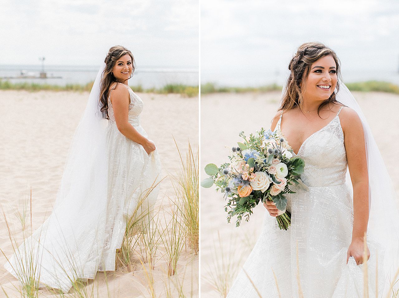 A bride on the beach by Lake Michigan