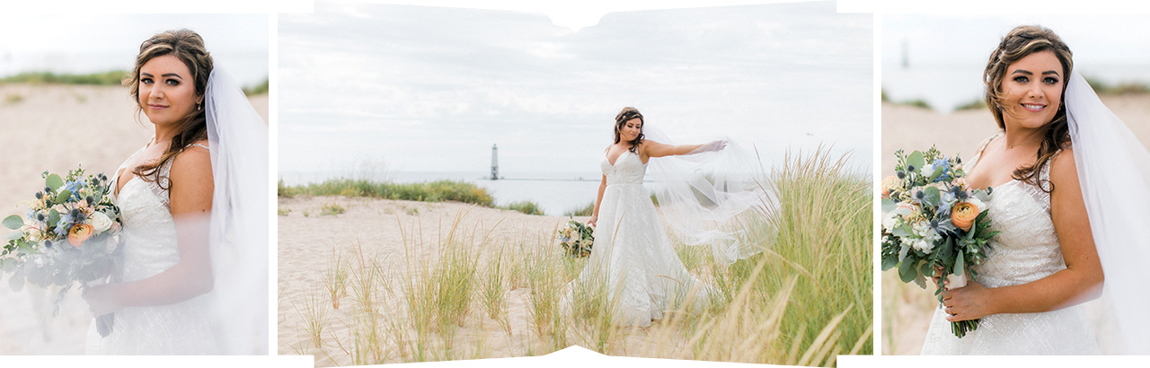A bride on the beach in Frankfort, Michigan