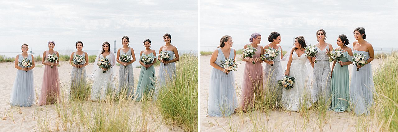A bride with her bridesmaids in Frankfort, Michigan by Lake Michigan and a lighthouse