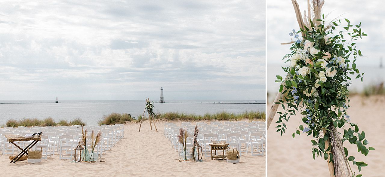 A wedding ceremony on the beach in Frankfort, Michigan by Lake Michigan with a lighthouse in the background