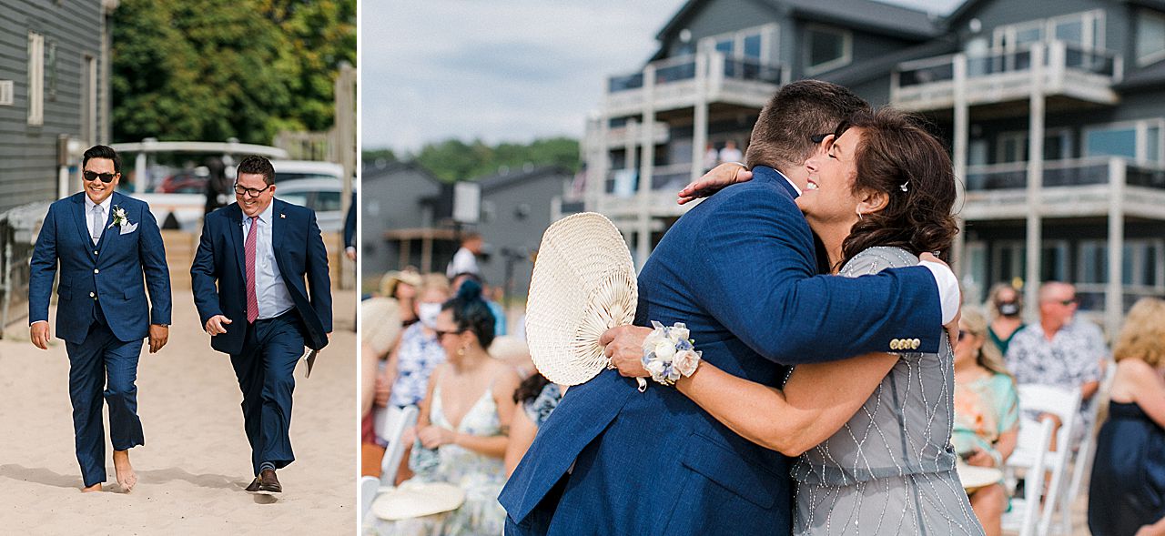 A groom walking down the ceremony aisle with the officiant and hugging his mom