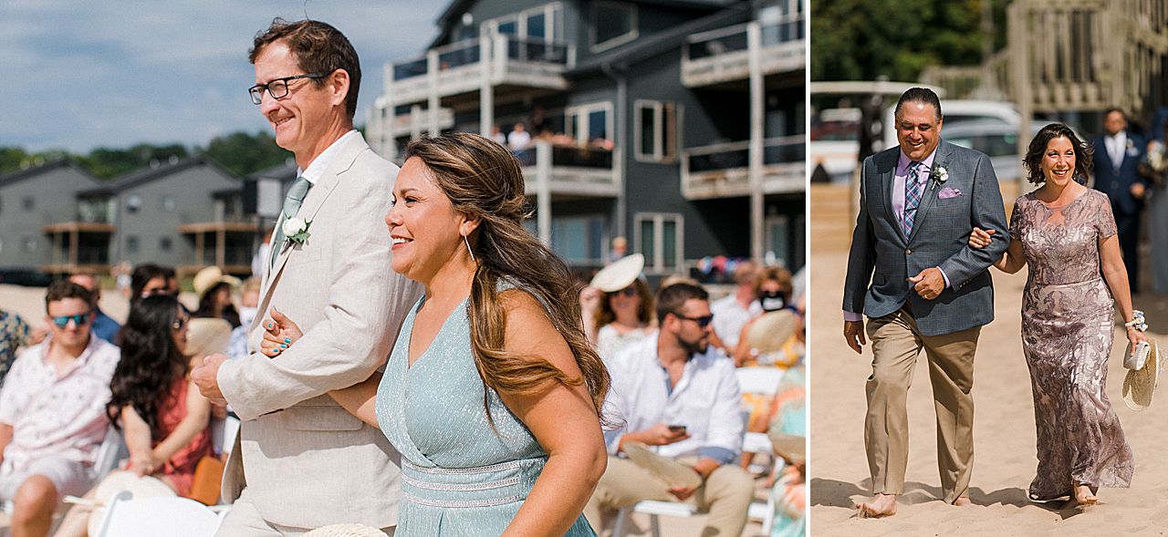 Parents walking down the aisle at a wedding ceremony on a beach in Frankfort, Michigan
