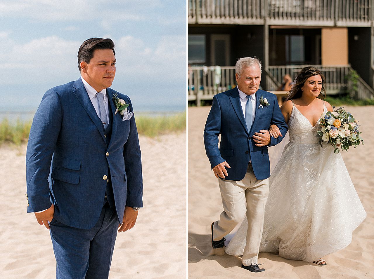 A bride and her father walking down the aisle at a wedding ceremony on a beach in Frankfort, Michigan at Harbor Lights Resort