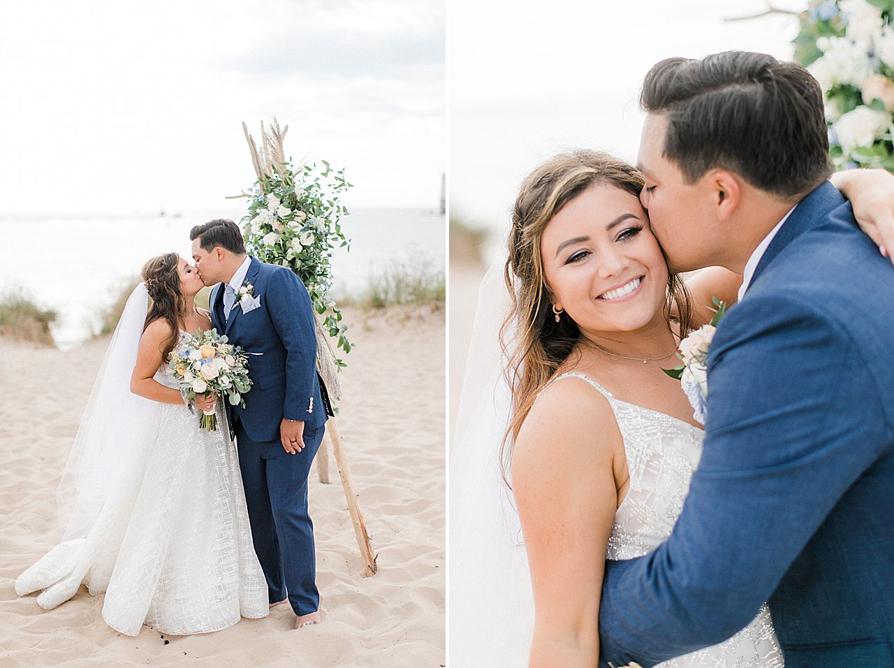 A bride and groom kissing by Lake Michigan in Frankfort, Michigan