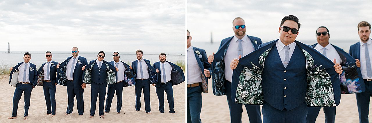A groom and groomsmen on the beach along Lake Michigan in Frankfort, Michigan