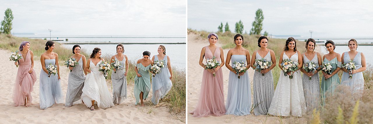 A bride and bridesmaids on the beach along Lake Michigan in Frankfort, Michigan