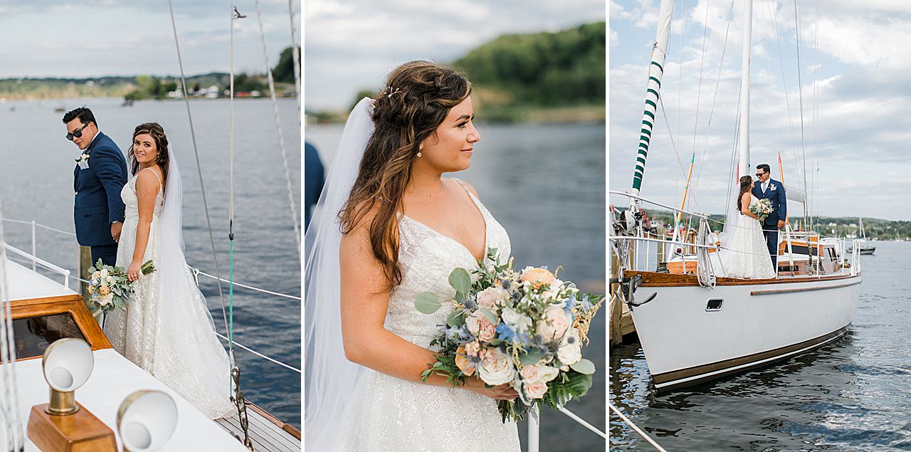 A bride and groom on a sailing boat on Lake Michigan in Frankfort, Michigan