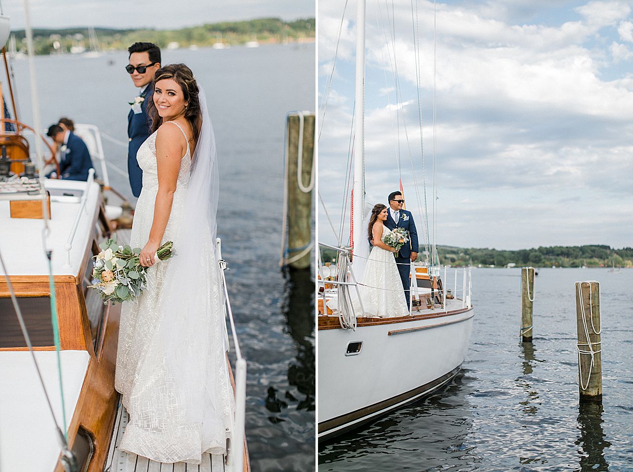 A bride and groom smiling on a sailing boat on Lake Michigan in Frankfort, Michigan