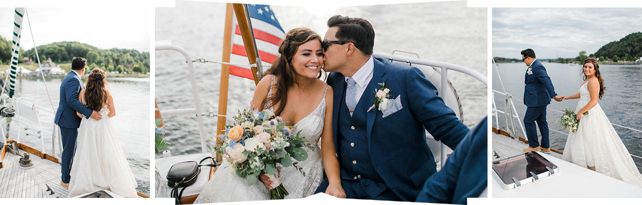A bride and groom on a sailing boat in Frankfort, Michigan