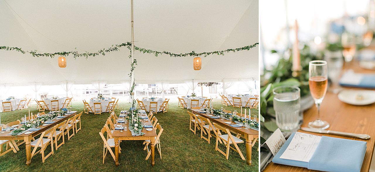 Wedding reception details inside a tent at the Elberta Life Saving Station in Elberta, Michigan