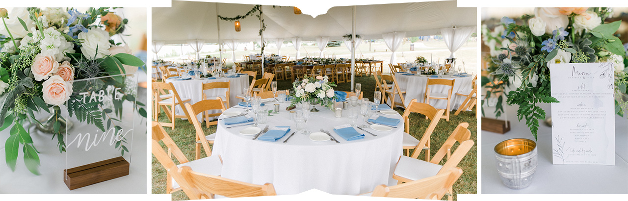 Wedding reception menus, clear table numbers, and blue accents in Northern Michigan
