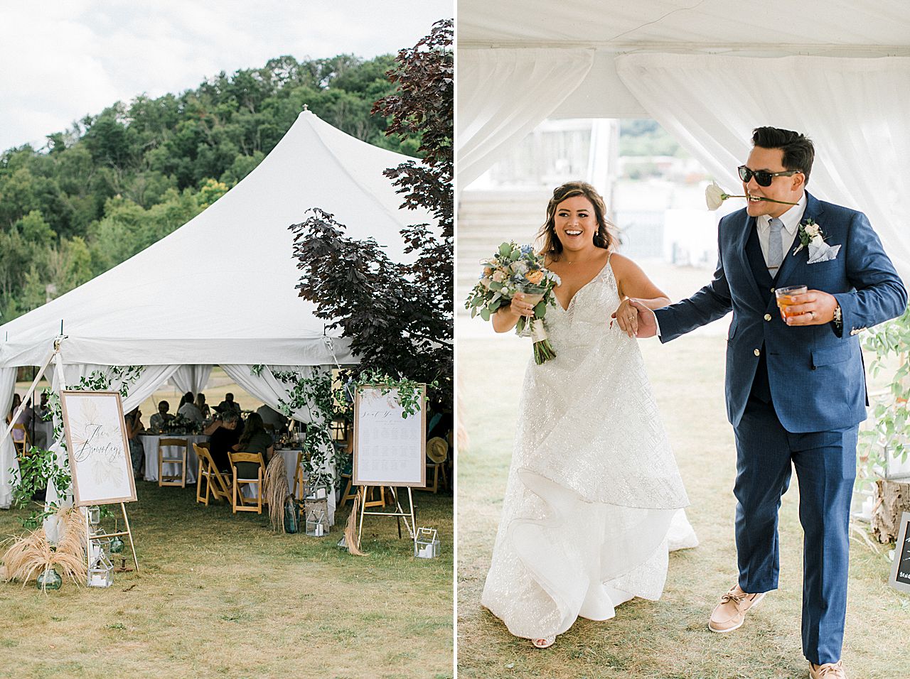 The bride and groom entering the reception tent at the Elberta Life Saving Station