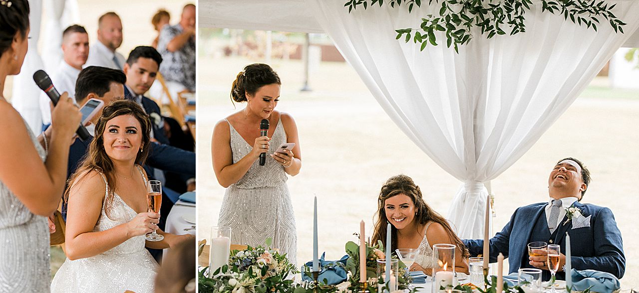 A maid of honor giving her speech at a wedding reception in Elberta, Michigan