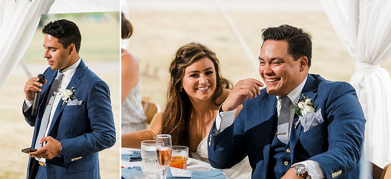 A best man giving his speech at a wedding reception at the Elberta Life Saving Station