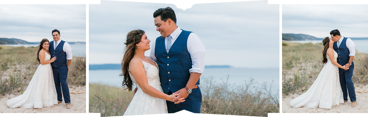A bride and groom on the beach along Lake Michigan at sunset in Northern Michigan