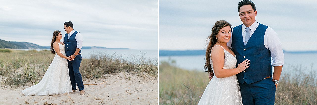 A bride and groom at sunset on Lake Michigan