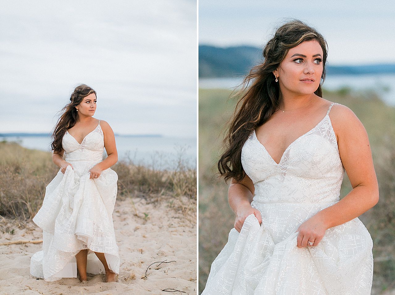 A bride on the beach at sunset in Elberta, Michigan