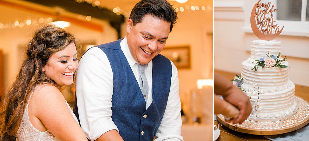 A bride and groom cutting their wedding cake at the Elberta Life Saving Station