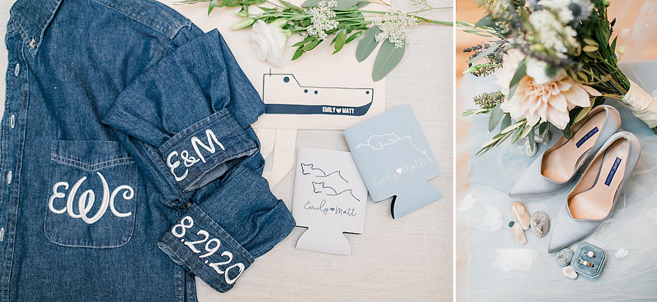 Light blue bridal wedding details including a jean jacket, koozies, and shoes