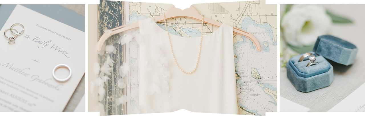 Light blue bridal wedding details including a wedding dress, stationery and rings