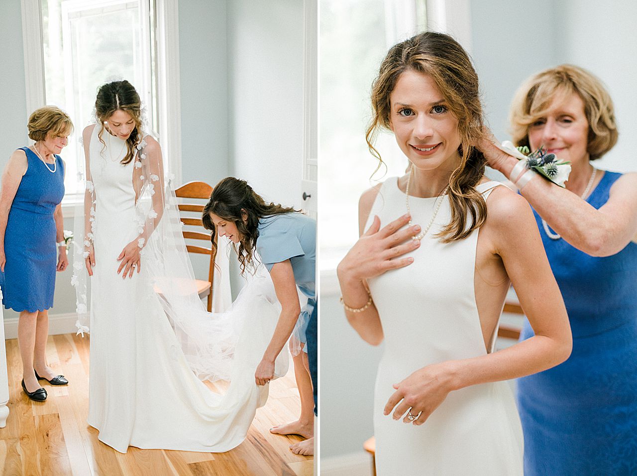 A bride getting her wedding dress and jewelry with help from her mother