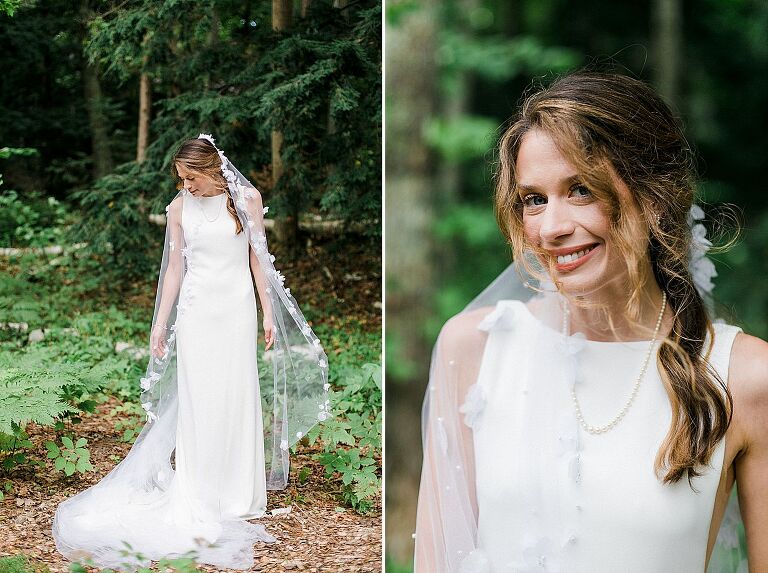 A bride taking portraits by the woods in Northport, Michigan