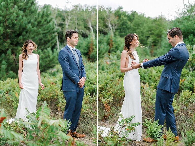 A bride and grooms first look at Houdek Dunes Natural Area in Leland, Michigan