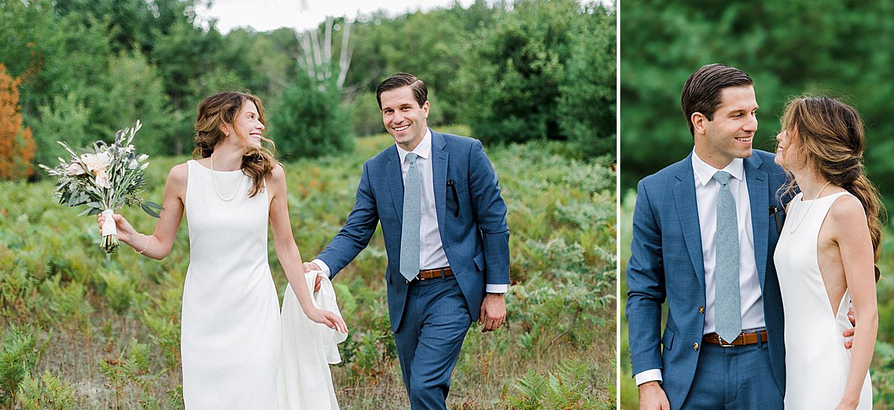A bride and groom walking through Houdek Dunes Natural Area in Leland, Michigan