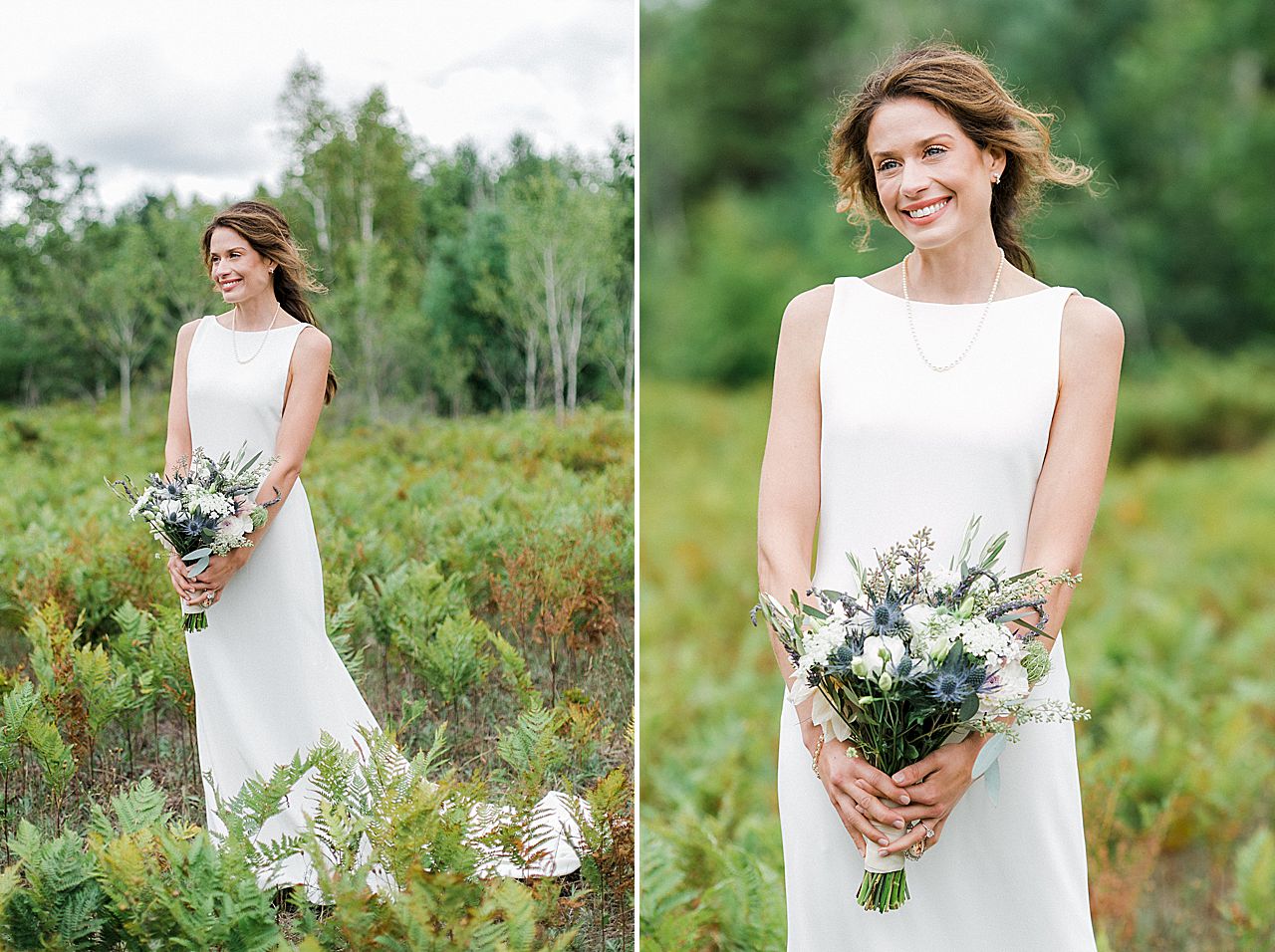 Bride portraits in a field full of ferns in Leland, Michigan