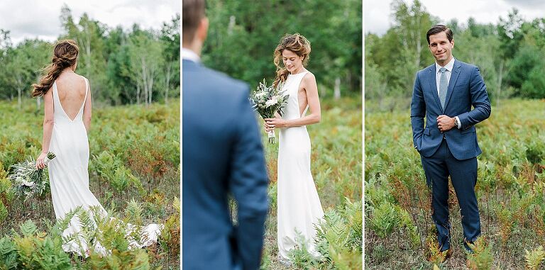 Bride and groom portraits in a field full of ferns in Leland, Michigan