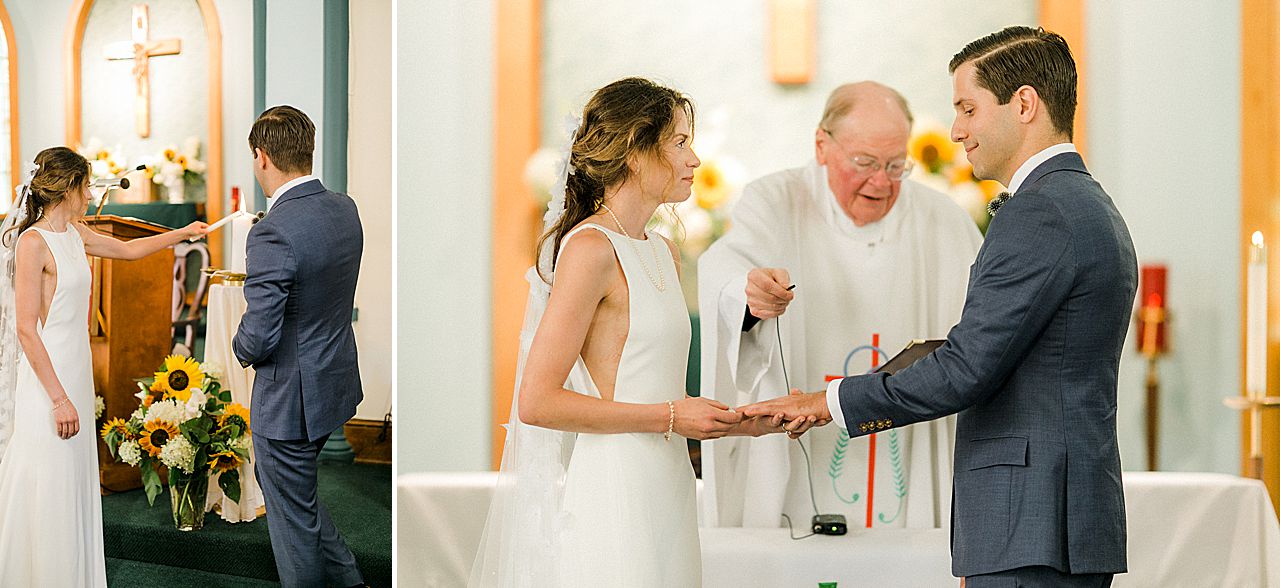 A bride and groom at their wedding ceremony at St Wenceslaus catholic church in Leelanau County, Michigan