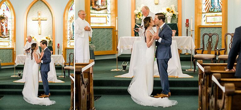 A bride and groom kissing at their wedding ceremony at St Wenceslaus catholic church in Leelanau County, Michigan