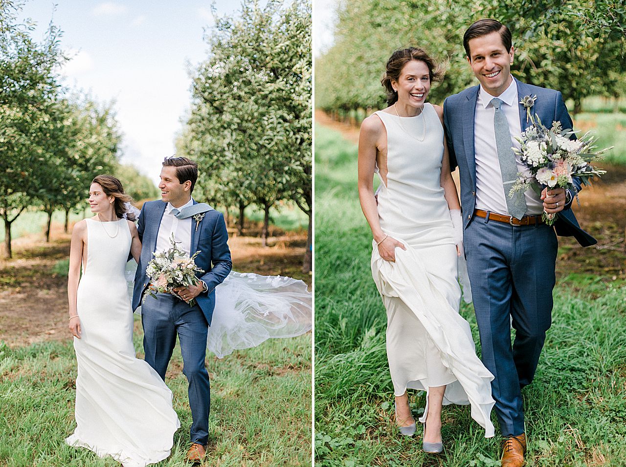 A bride and groom portraits in an orchard in Suttons Bay, Michigan