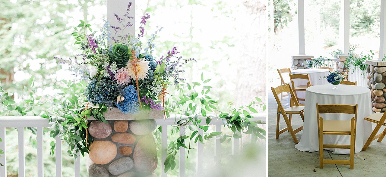 Cocktail details of a floral arrangement and small circular tables on a porch