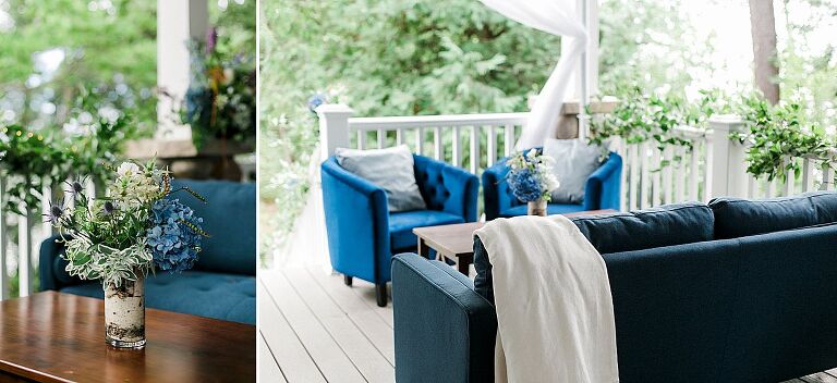A navy blue couch arrangement on a porch at a private residence in Northport, Michigan