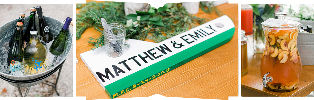 Reception details of a sign in wooden boat and locations refreshments