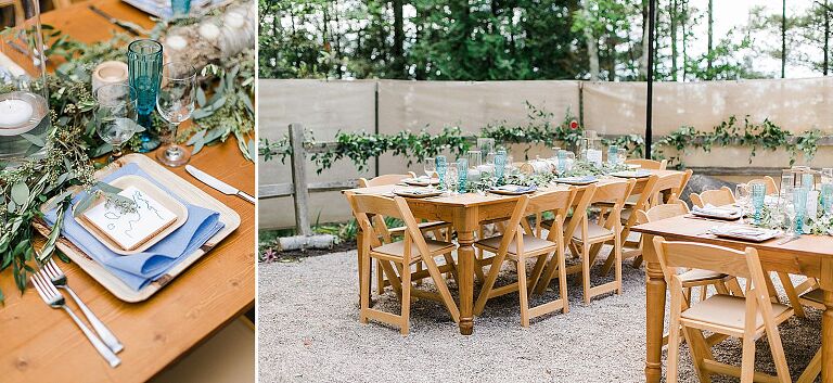 Wooden reception table with greenery, and blue accents in Northport, Michigan