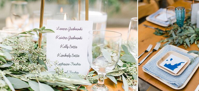 Card settings for seating arrangements at a wedding reception in Northport, Michigan