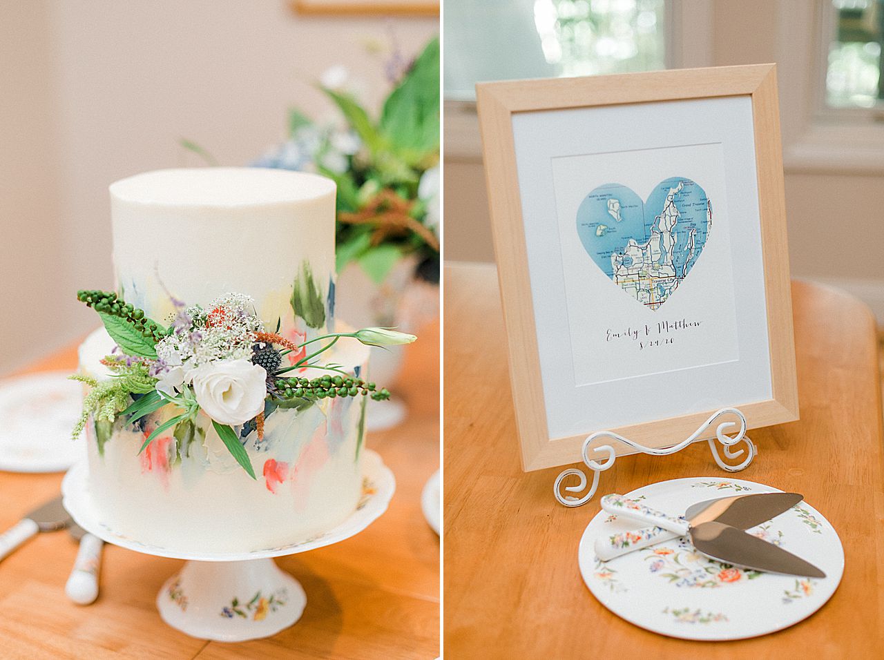 Two tier white wedding cake with colorful frosting brushstrokes that look like watercolor accents