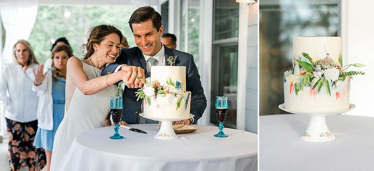 A bride and groom cutting their cake on a porch at a private residence in Northport, Michigan