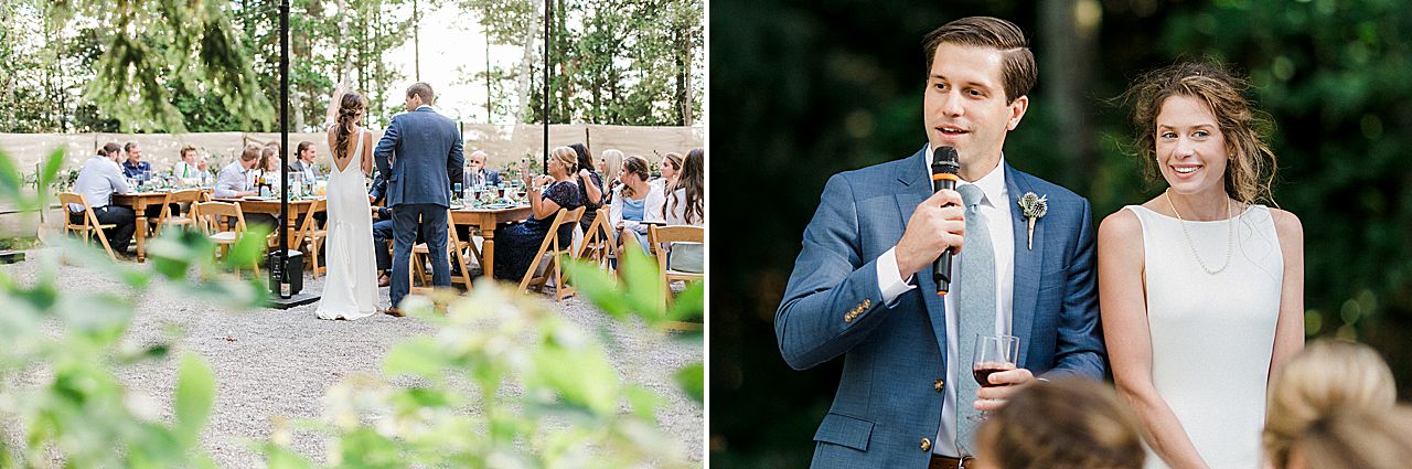 A bride and groom making a speech to their guests at a private residence in Northport, Michigan