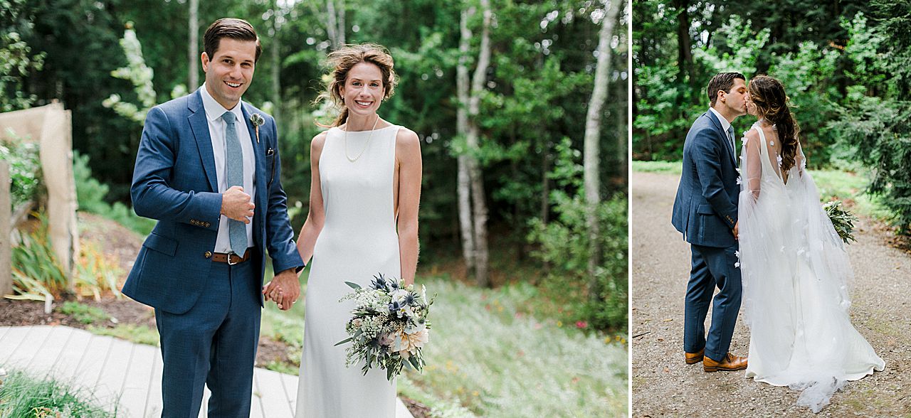 A bride and groom smiling at their wedding reception