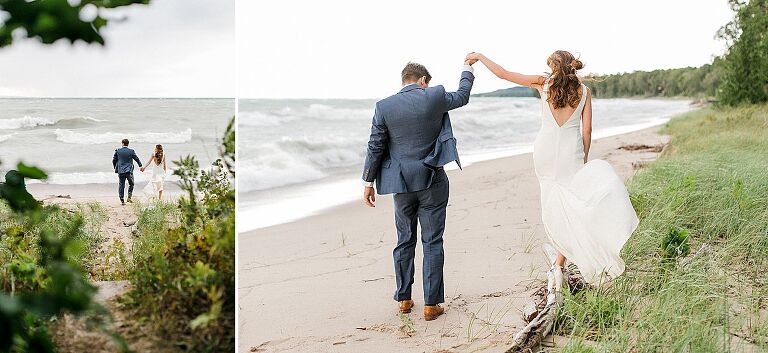 A bride and groom walking to Lake Michigan to take portraits