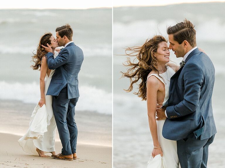 A bride and groom kissing with Lake Michigan in the background