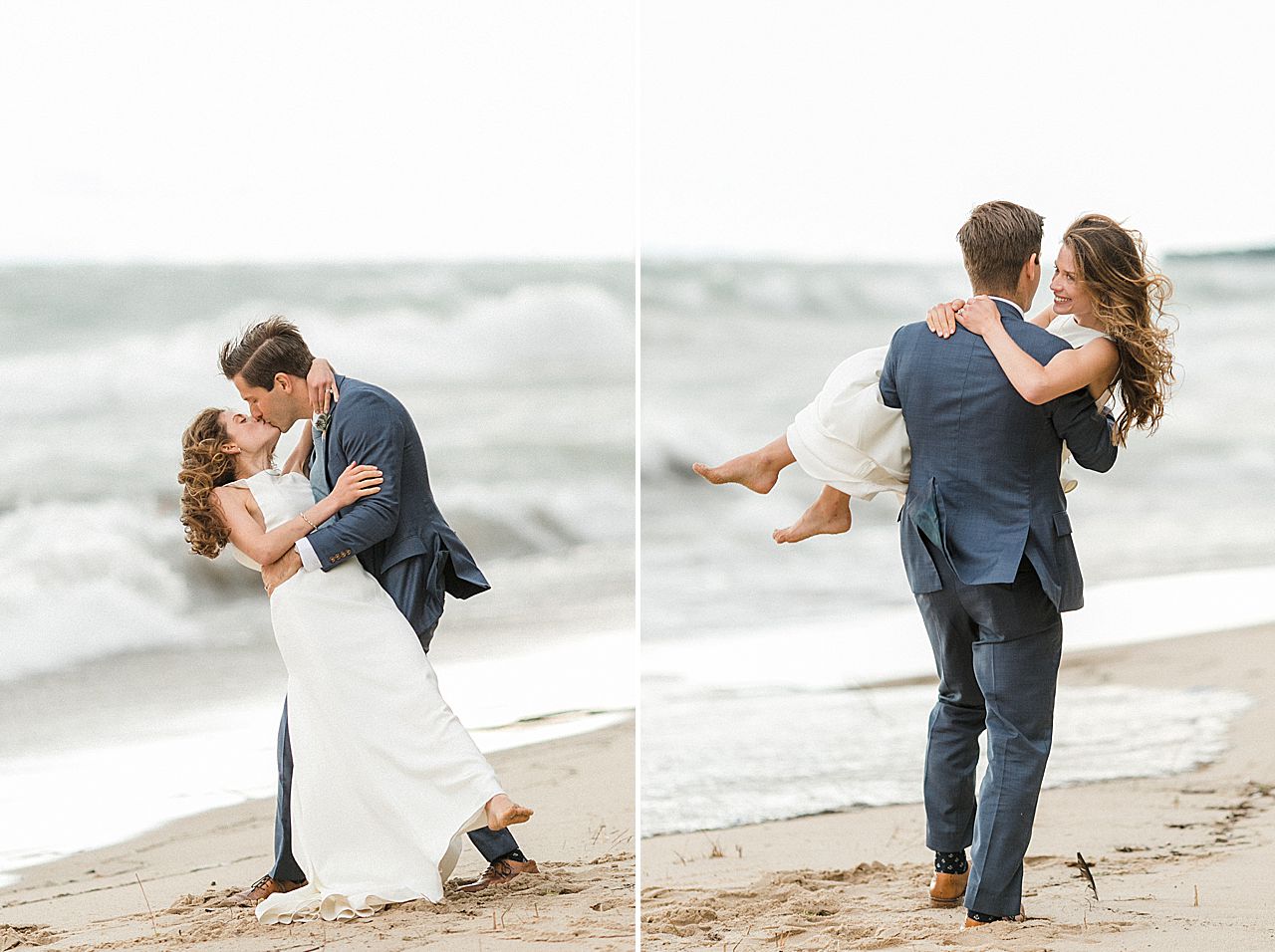 A bride and groom taking portraits along the lakeshore in Michigan