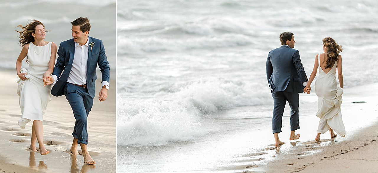 A bride and groom walking down the lakeshore in Northport, Michigan with the wind blowing in their hair