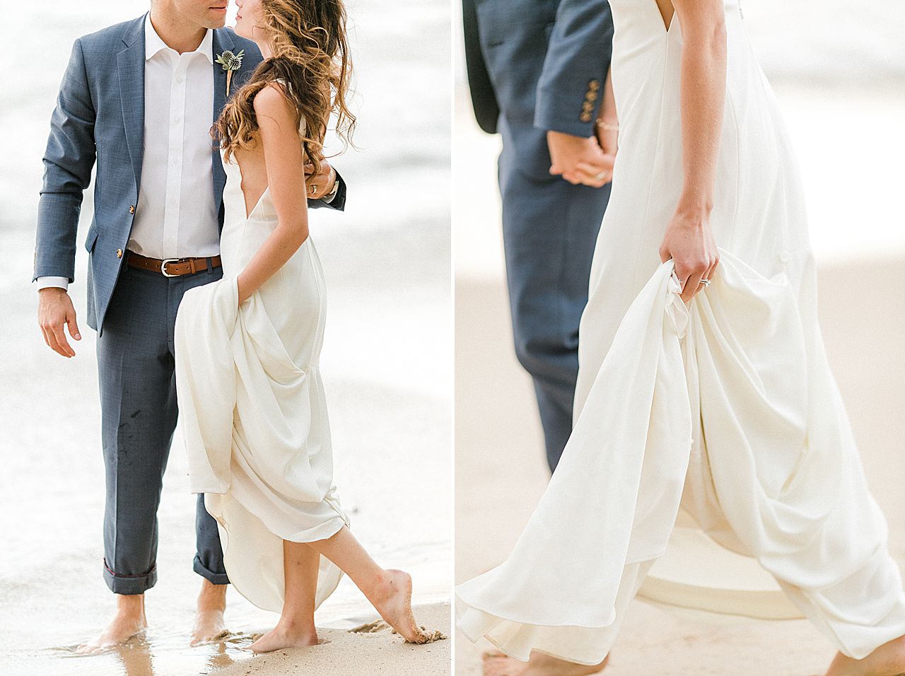 A bride holding her dress while walking with her groom along the lakeshore