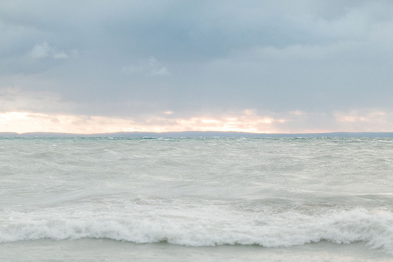 Lake Michigan in Northport at sunset during the summer