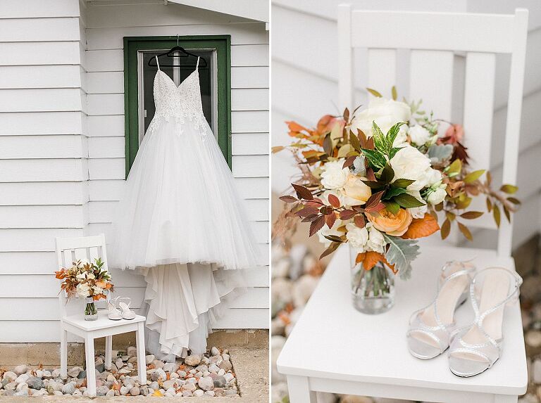 A brides dress, flowers, and shoes in Charlevoix, Michigan