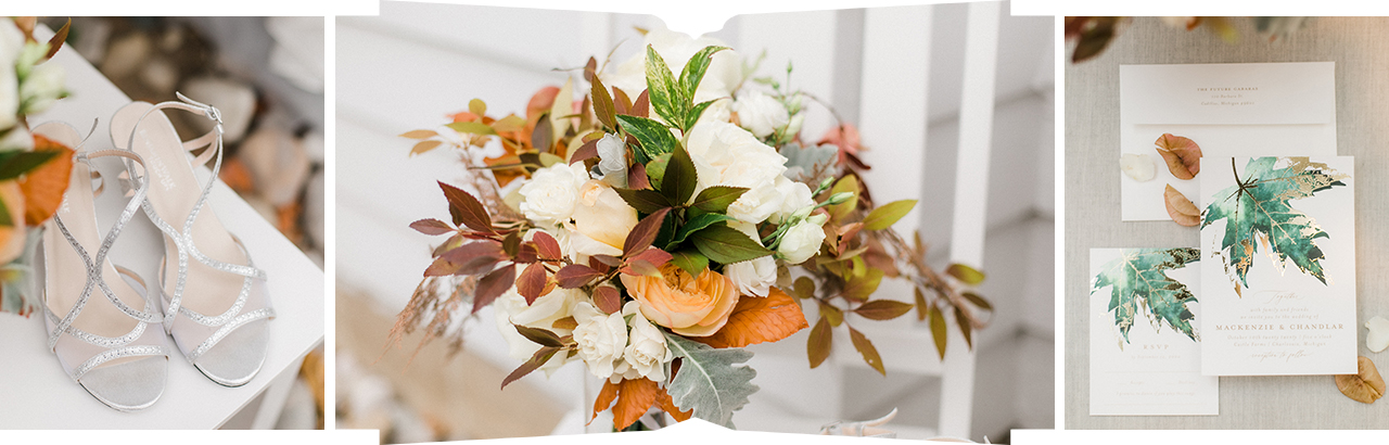 A brides invitation suite, flowers, and shoes in Charlevoix, Michigan